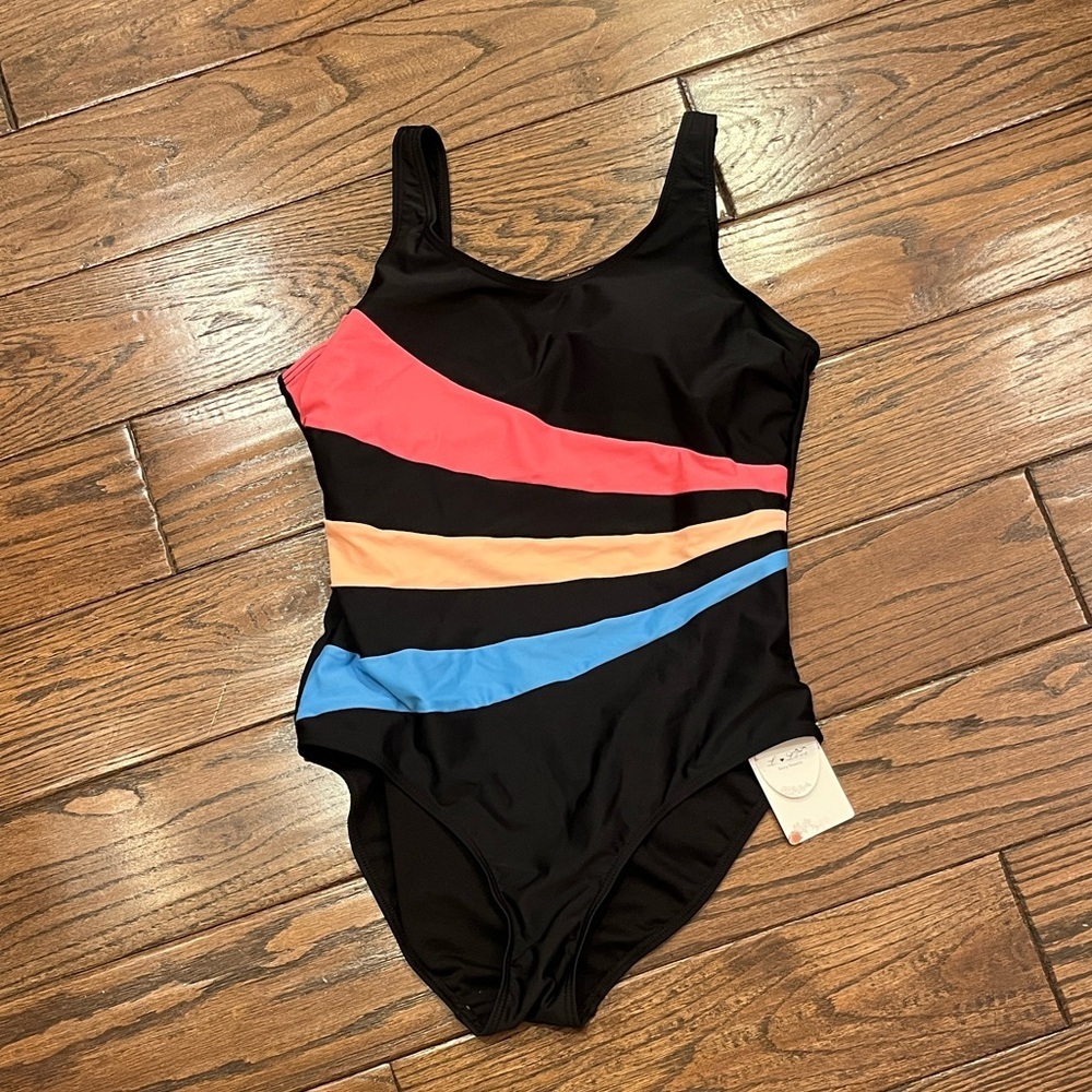Love Women Swim One-Piece Swimsuit in Black with Coral, Peach & Blue Stripes